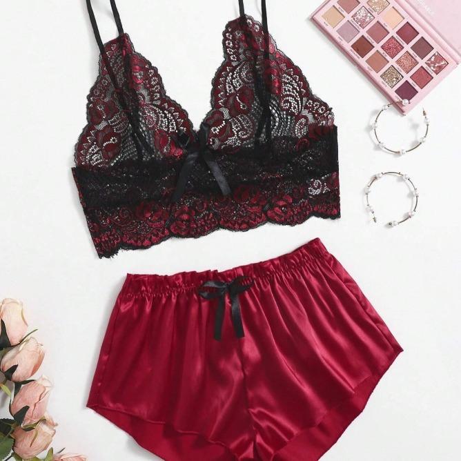 Classic Sexy Floral Lace Bra With Satin Shorts, Lingerie