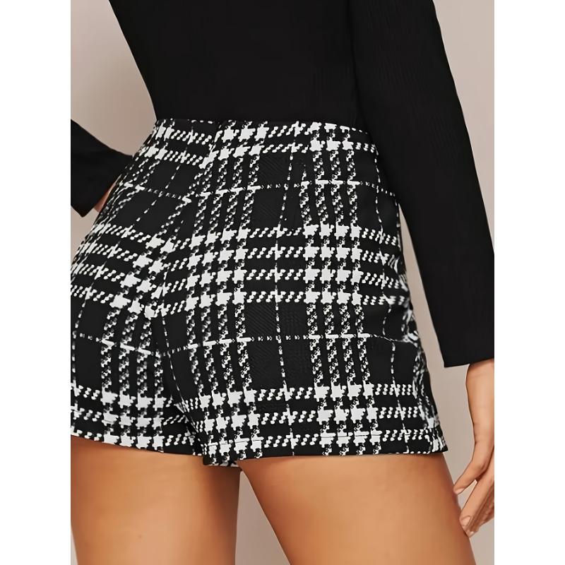 Houndstooth Split Skort, Elegant High Waist Shorts For Fall & Winter, Women's Clothing