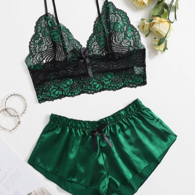 Classic Sexy Floral Lace Bra With Satin Shorts, Lingerie