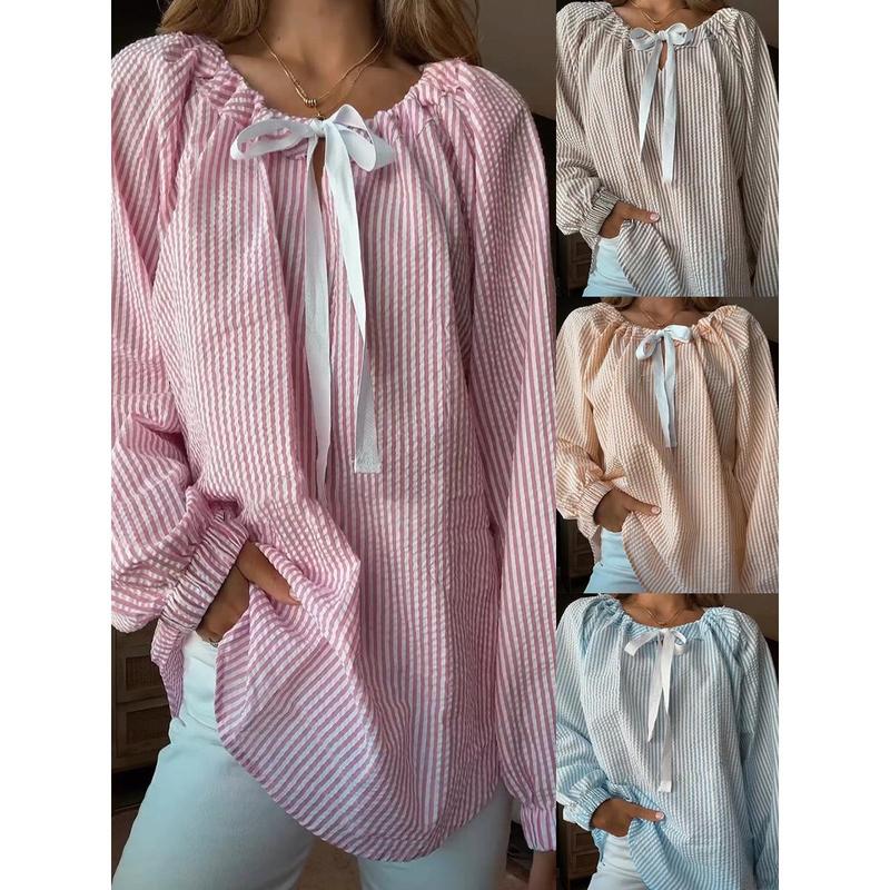 2024 Hot Sale Popular Women's Autumn and Winter Clothing Shirt Chiffon Shirt Casual Striped Lace-up Top