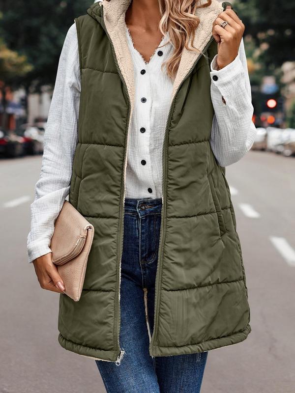 Women's Fall Reversible Vest Sleeveless Wool Jacket Zipper Hoodie Pocket Long Warm Winter Coat Long Puffy