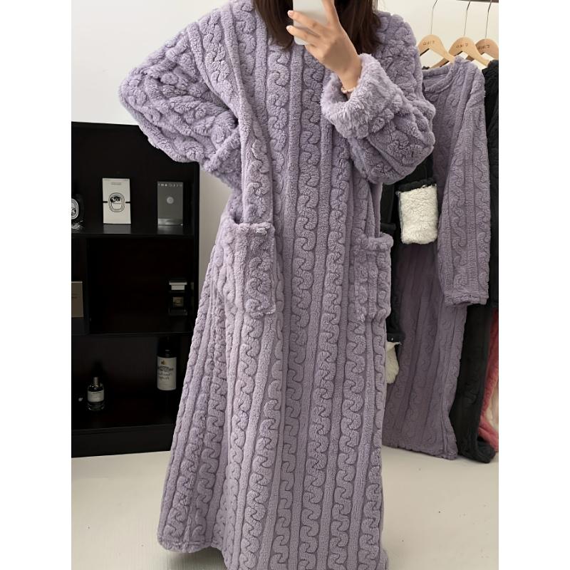 Cozy Long Sleeve Flannel Robe - Women's Warm Loungewear & Dresses for Fall Winter - Soft, Textured, Round Neck, Casual Style