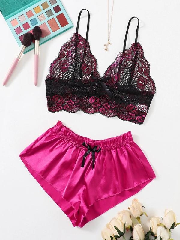 Classic Sexy Floral Lace Bra With Satin Shorts, Lingerie