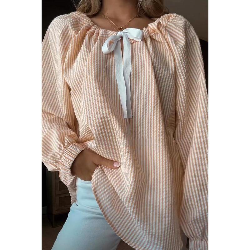 2024 Hot Sale Popular Women's Autumn and Winter Clothing Shirt Chiffon Shirt Casual Striped Lace-up Top