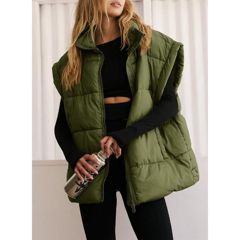 Women's Casual Winter Oversized Puffer Vest Stand Collar Flysleeve Insulated Padded Puffy Jackets Coat with Pockets