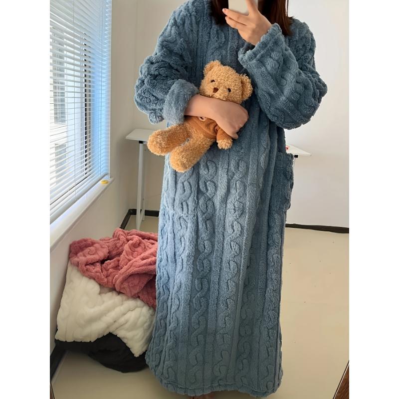 Cozy Long Sleeve Flannel Robe - Women's Warm Loungewear & Dresses for Fall Winter - Soft, Textured, Round Neck, Casual Style