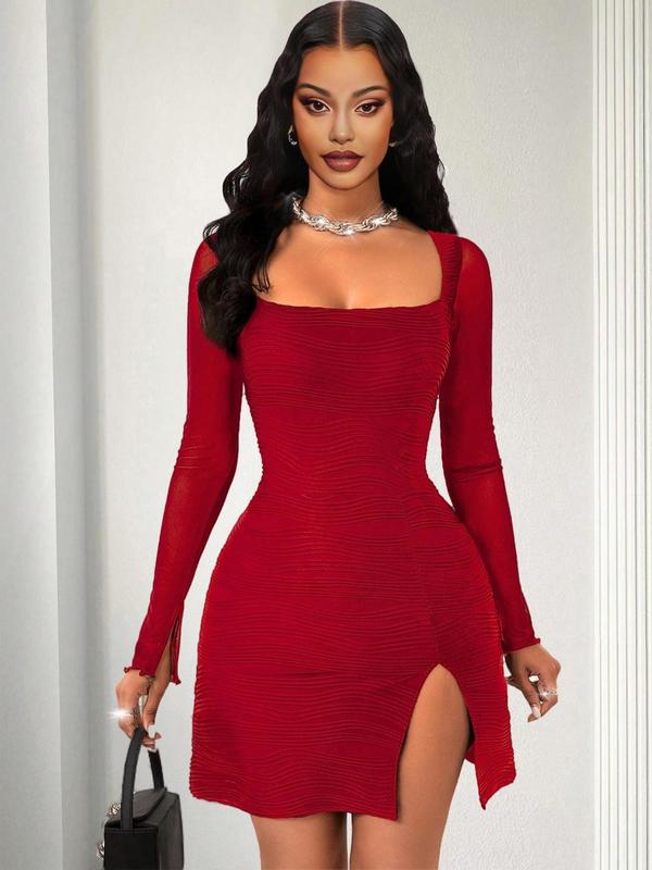 Women's Contrast Mesh Split Thigh Bodycon Dress, Elegant Long Sleeve Scoop Neck Short Dress for Party Club Dating Wear, Ladies Clothes for All Seasons