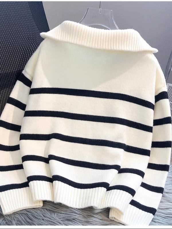 Womenswear Striped Print Half Zip Drop Shoulder Sweater, Comfort Long Sleeve Polo Neck Jumper for Fall & Winter, Fashion Ladies' Knitwear for Daily Wear, Fall Clothes 2024