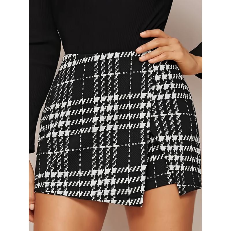 Houndstooth Split Skort, Elegant High Waist Shorts For Fall & Winter, Women's Clothing