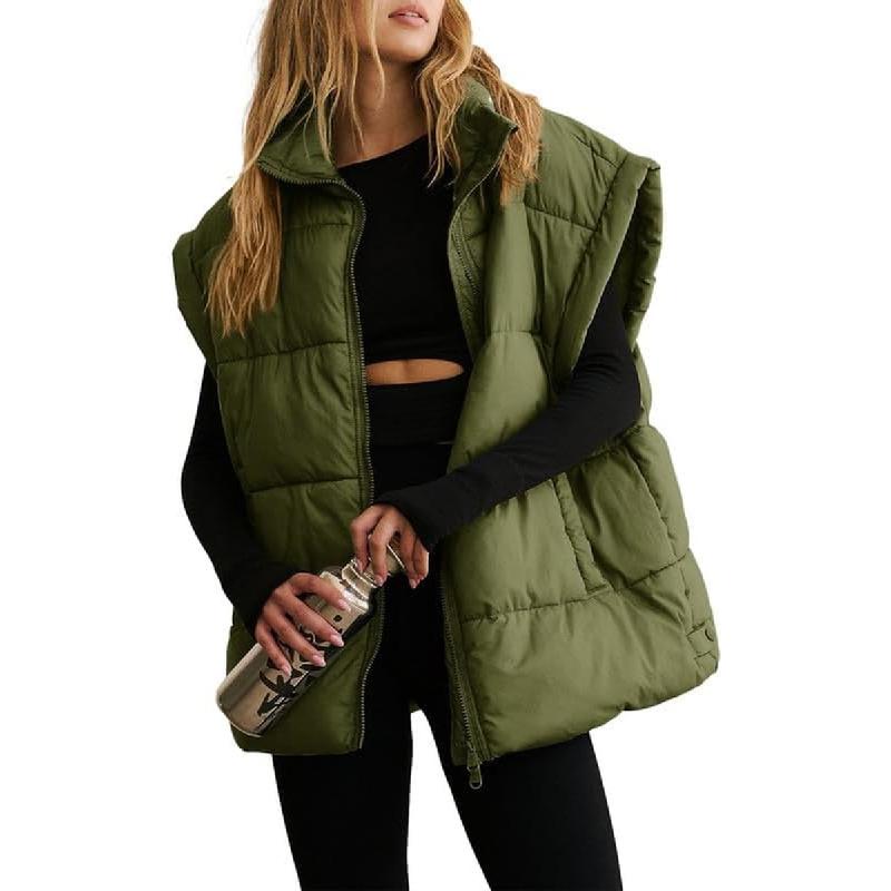 Women's Casual Winter Oversized Puffer Vest Stand Collar Flysleeve Insulated Padded Puffy Jackets Coat with Pockets