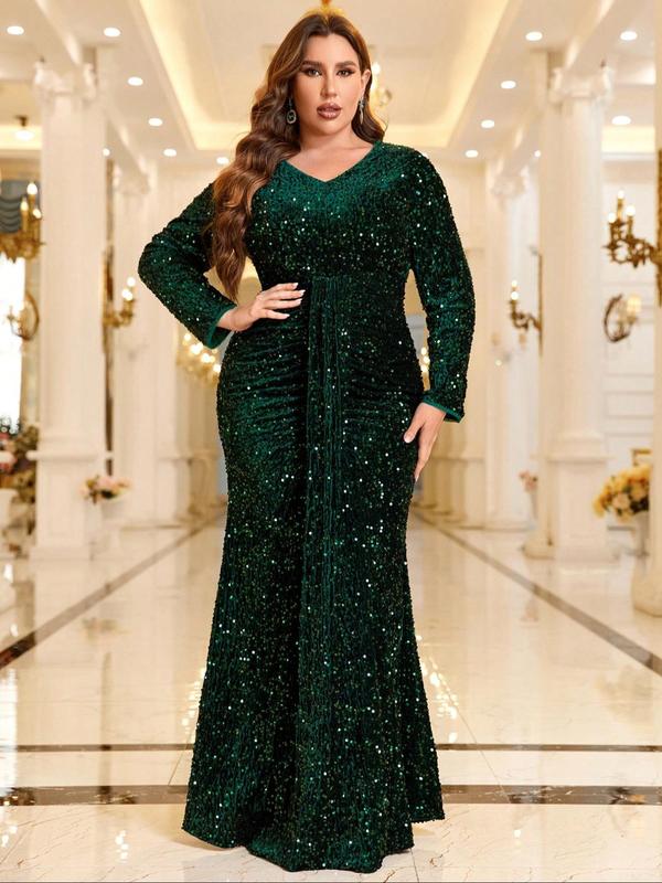  Contrast Sequin Zipper Back Bodycon Dress, Elegant V Neck Long Sleeve Evening Party Gown, Women's Clothes for Fall & Winter