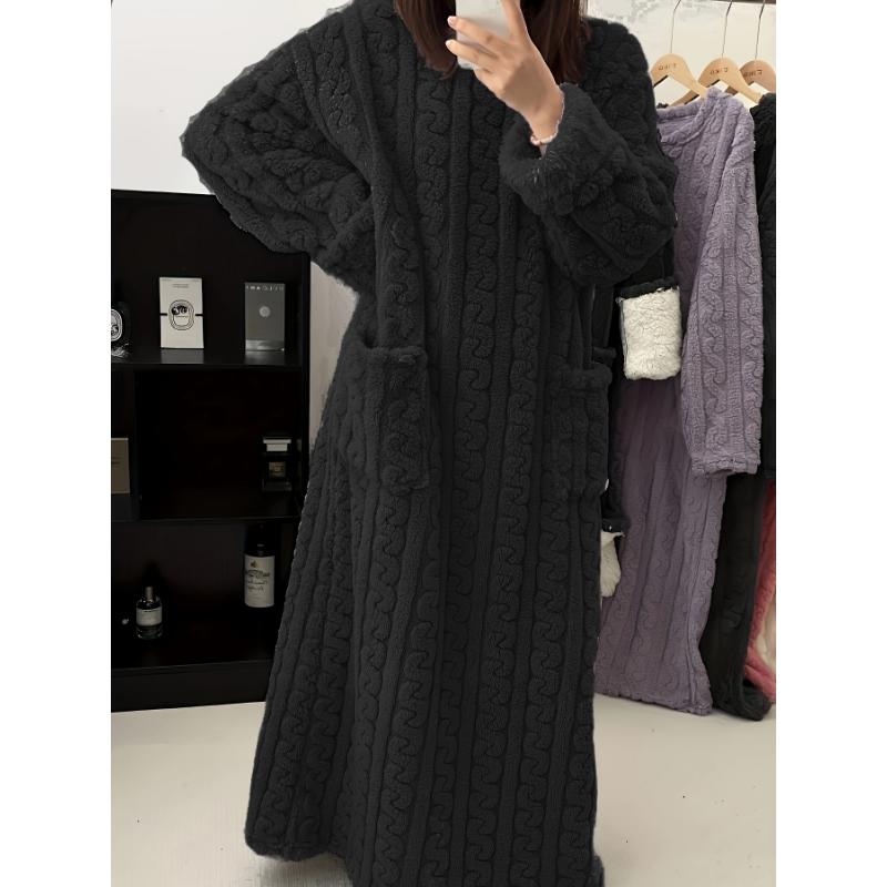 Cozy Long Sleeve Flannel Robe - Women's Warm Loungewear & Dresses for Fall Winter - Soft, Textured, Round Neck, Casual Style