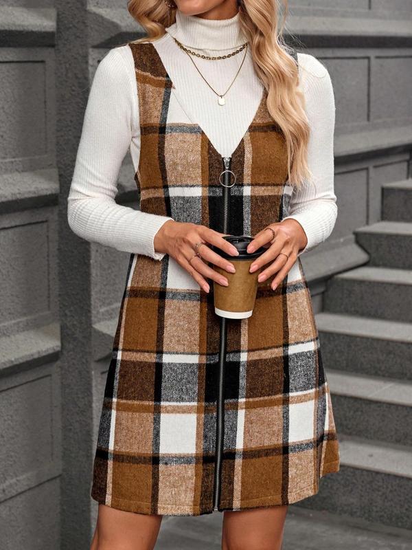 Women's 2 in 1 Patchwork Plaid Print Zipper Front High Neck Dress, Casual Fashion Dress for Daily Outdoor Wear, Women Dress for Fall and Winter