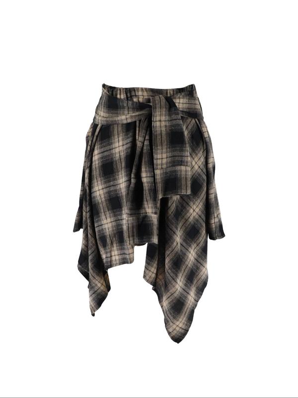 Women's Plaid Print Tie Front A Line Skirt, Casual Asymmetrical Hem Skirt for Spring & Fall, Women's Bottoms for Daily Wear