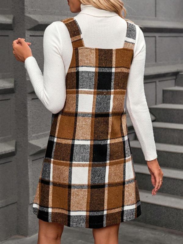 Women's 2 in 1 Patchwork Plaid Print Zipper Front High Neck Dress, Casual Fashion Dress for Daily Outdoor Wear, Women Dress for Fall and Winter