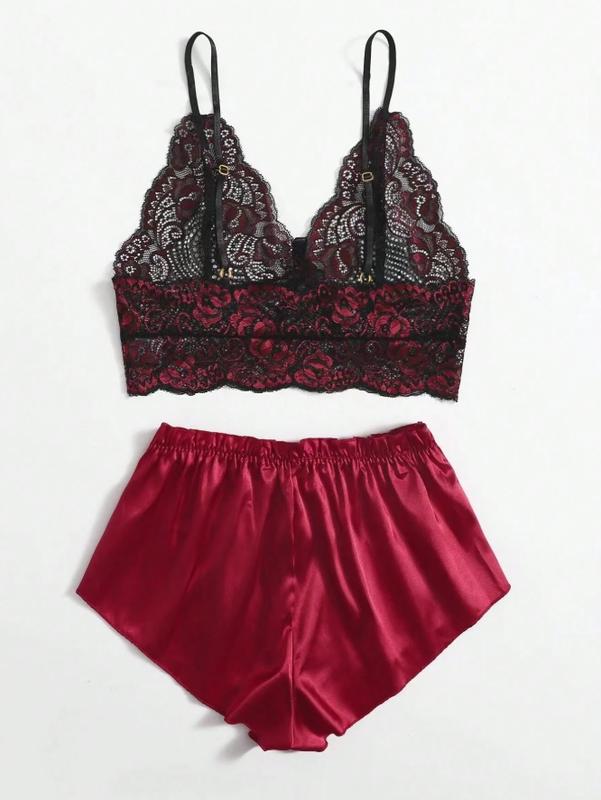 Classic Sexy Floral Lace Bra With Satin Shorts, Lingerie