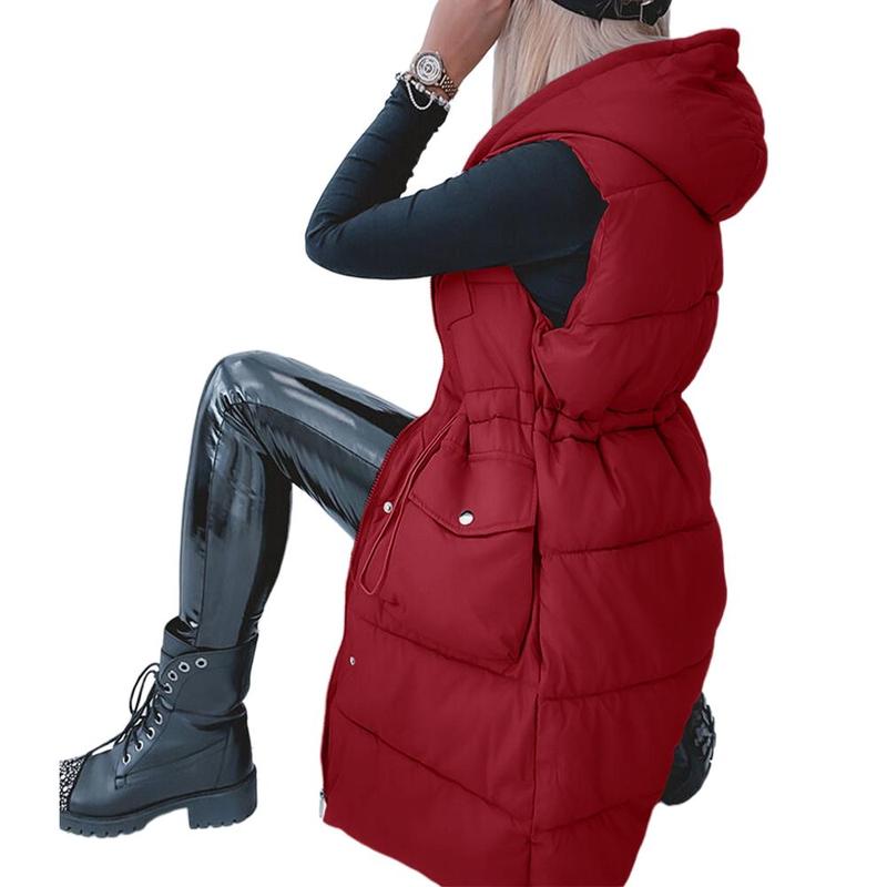 Women Quilted Sleeveless Jacket Vest Hooded Thick Long Coat Winter Warm Outwear