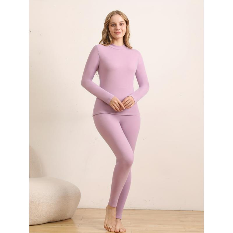 Dongdong shop 2 Pieces Plush Lined Thermal Women's Underwear Set - High Neck, Long Sleeve Top & Pants