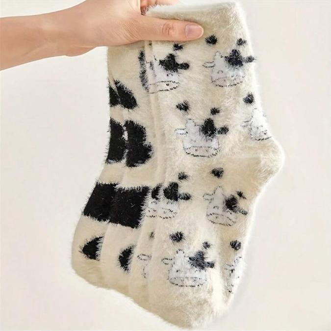 2 Pairs  Cow Spot Socks, Soft & Fuzzy Crew Mid Tube Socks, Women's Stockings & Hosiery,Winter Sports Socks,Thermal Socks