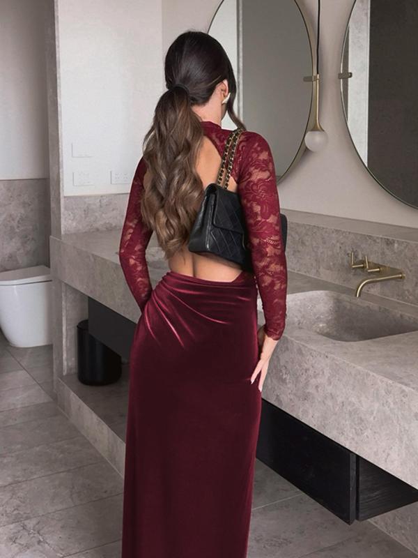 Women's Floral Appliques Cut Out Backless Velvet Bodycon Dress, Elegant Mock Neck Split Thigh Evening Party Gown, Ladies Fall & Winter Clothes