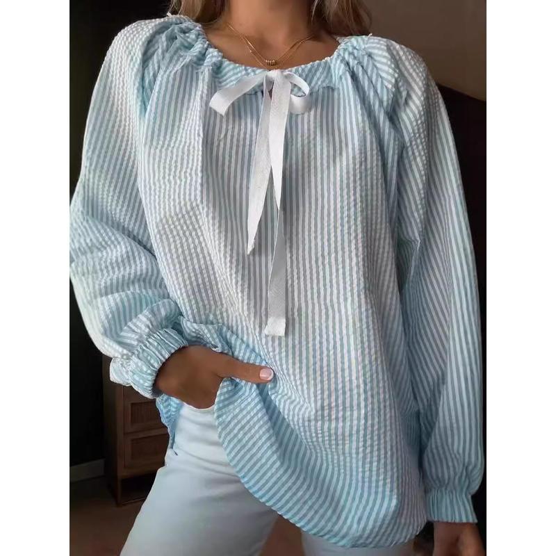 2024 Hot Sale Popular Women's Autumn and Winter Clothing Shirt Chiffon Shirt Casual Striped Lace-up Top