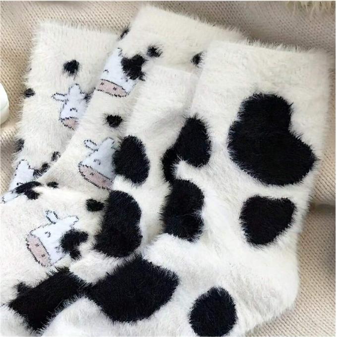 2 Pairs  Cow Spot Socks, Soft & Fuzzy Crew Mid Tube Socks, Women's Stockings & Hosiery,Winter Sports Socks,Thermal Socks