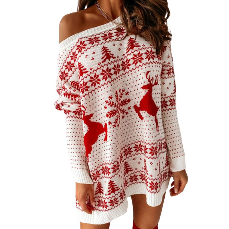 Women Christmas Jacquard Knitted , Loose Fit  O-neck  for Autumn, Winter Women's Christmas Printed Sweater  Casual Fabric Womenswear