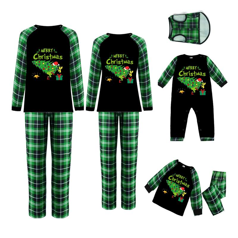 Christmas Pajamas for Family Funny Elf Stole Tree Print Long Sleeve Tops + Trousers Set Holiday Nightwear