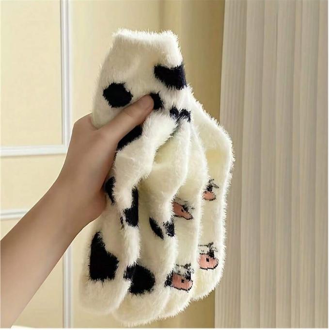 2 Pairs  Cow Spot Socks, Soft & Fuzzy Crew Mid Tube Socks, Women's Stockings & Hosiery,Winter Sports Socks,Thermal Socks