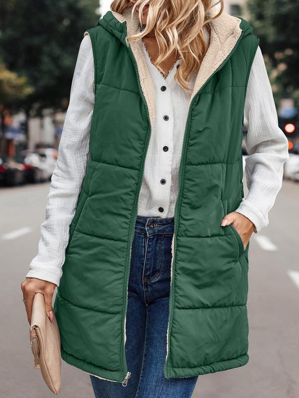 Women's Fall Reversible Vest Sleeveless Wool Jacket Zipper Hoodie Pocket Long Warm Winter Coat Long Puffy