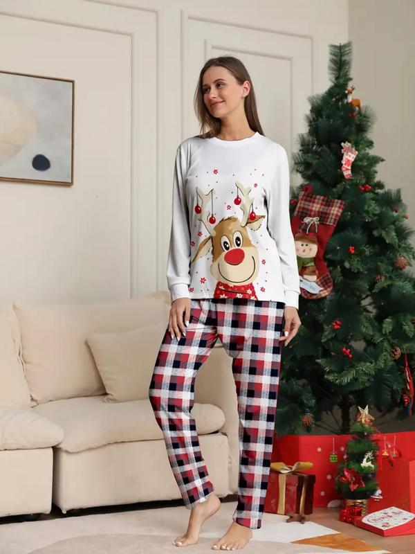 Christmas Themed Couple Pyjama Set, Casual Comfy Cartoon Print Long Sleeve Top & Plaid Print Pants Pajama Set, Couple Sleepwear for Spring & Fall