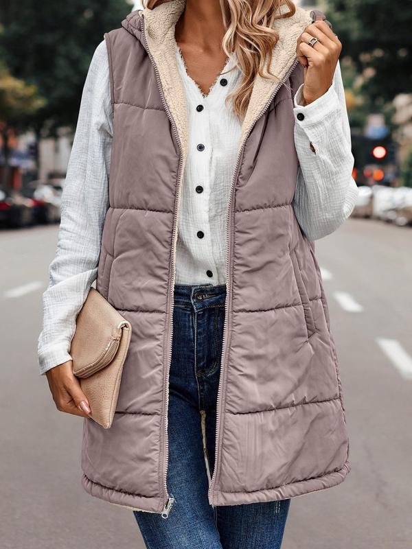 Women's Fall Reversible Vest Sleeveless Wool Jacket Zipper Hoodie Pocket Long Warm Winter Coat Long Puffy