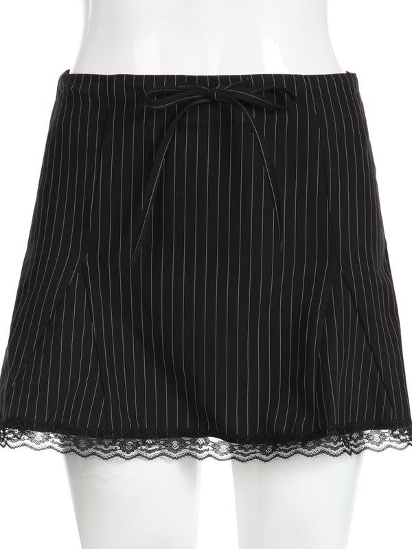 Women's Striped Print Contrast Lace Mini Skirt, Y2k Bow Decor A Line Skirt for Summer, Women's Bottoms for Daily Wear