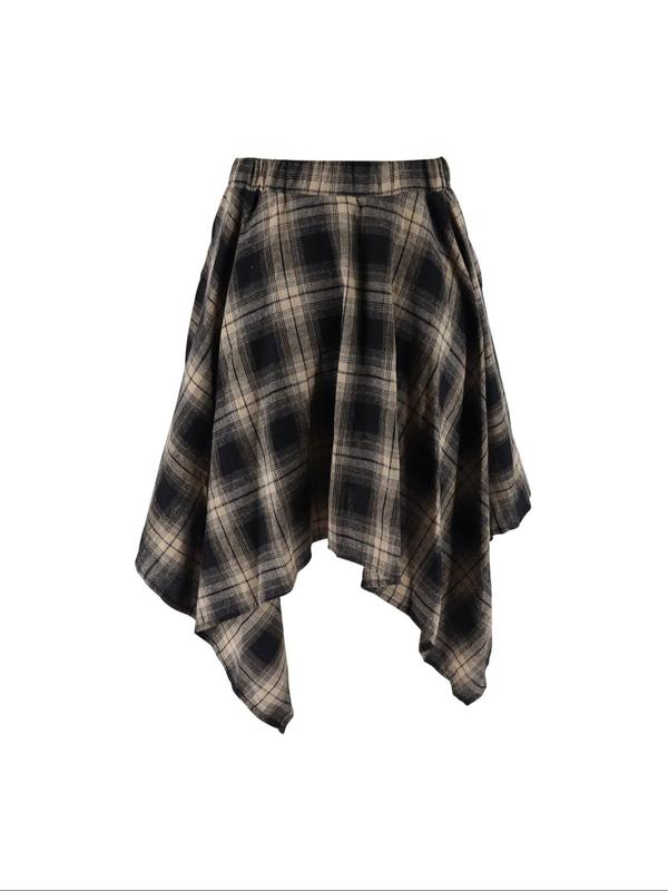 Women's Plaid Print Tie Front A Line Skirt, Casual Asymmetrical Hem Skirt for Spring & Fall, Women's Bottoms for Daily Wear