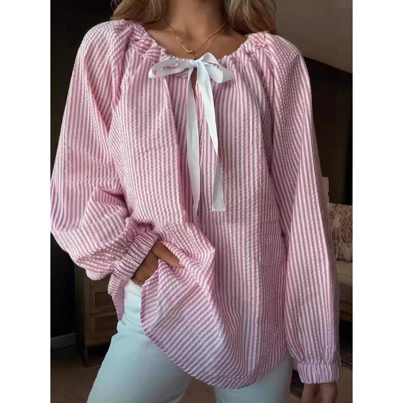 2024 Hot Sale Popular Women's Autumn and Winter Clothing Shirt Chiffon Shirt Casual Striped Lace-up Top