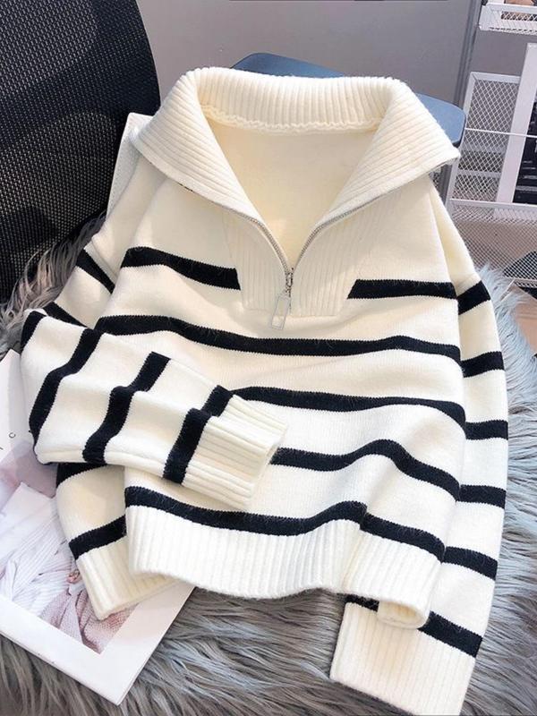 Womenswear Striped Print Half Zip Drop Shoulder Sweater, Comfort Long Sleeve Polo Neck Jumper for Fall & Winter, Fashion Ladies' Knitwear for Daily Wear, Fall Clothes 2024