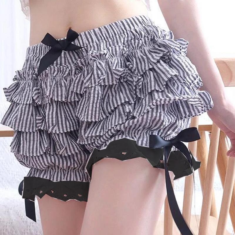 Women's Fashion Bloomers Shorts Lace Trim Layered Ruffle Bowknot Elastic Waist Short Pants Summer Casual Shorts