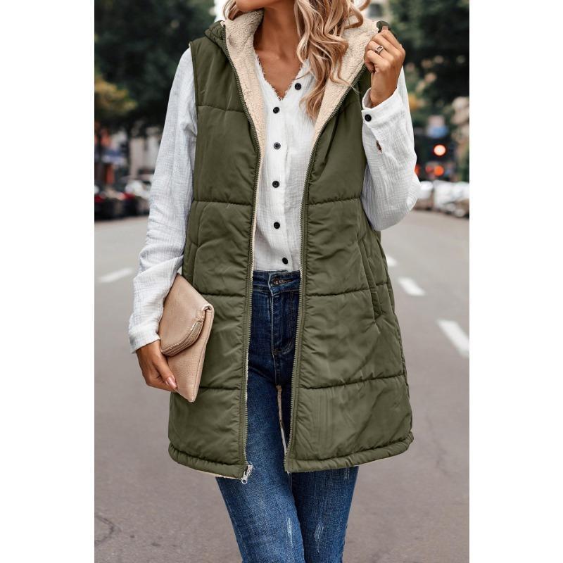 Women's 2024 Fall Reversible Vest Sleeveless Wool Jacket Zipper Hoodie Pocket Long Warm Winter Coat