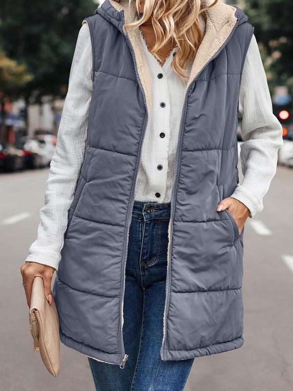 Women's Fall Reversible Vest Sleeveless Wool Jacket Zipper Hoodie Pocket Long Warm Winter Coat Long Puffy