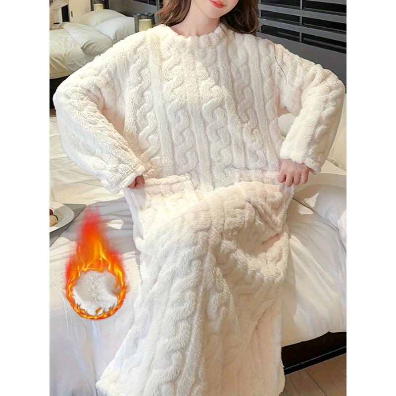 Cozy Long Sleeve Flannel Robe - Women's Warm Loungewear & Dresses for Fall Winter - Soft, Textured, Round Neck, Casual Style