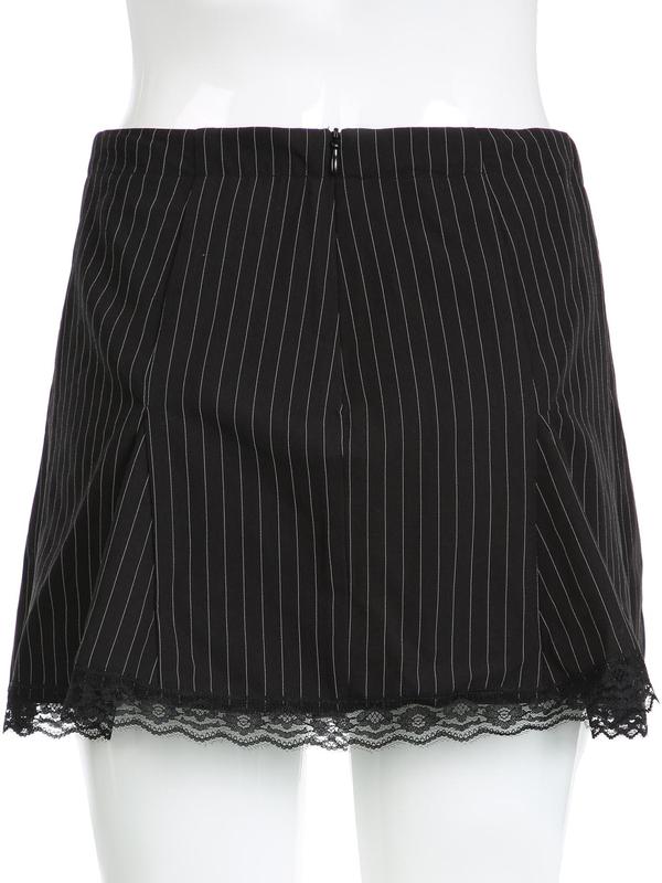 Women's Striped Print Contrast Lace Mini Skirt, Y2k Bow Decor A Line Skirt for Summer, Women's Bottoms for Daily Wear