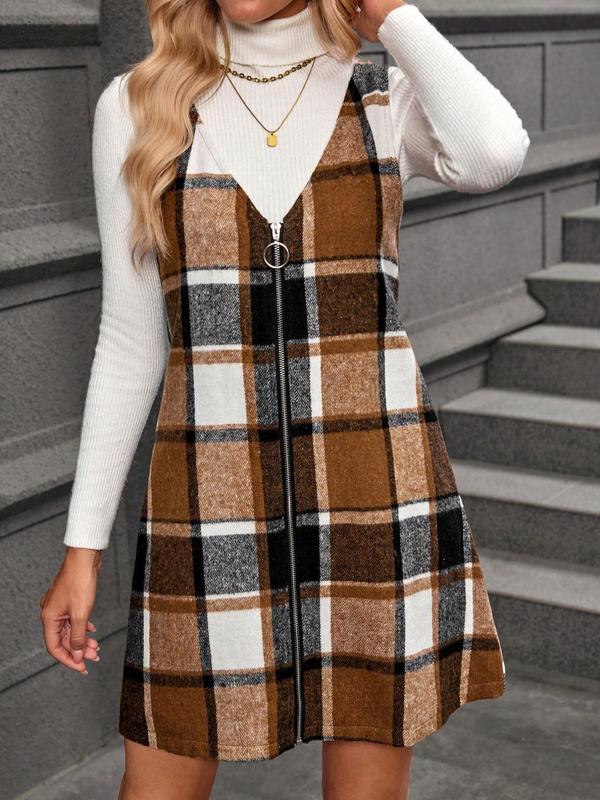 Women's 2 in 1 Patchwork Plaid Print Zipper Front High Neck Dress, Casual Fashion Dress for Daily Outdoor Wear, Women Dress for Fall and Winter