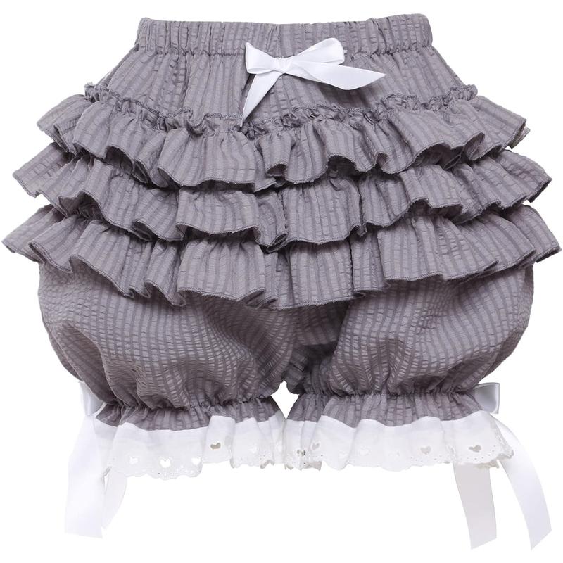 Women's Fashion Bloomers Shorts Lace Trim Layered Ruffle Bowknot Elastic Waist Short Pants Summer Casual Shorts