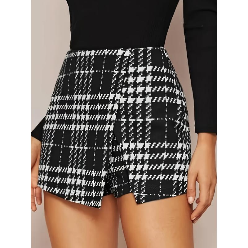 Houndstooth Split Skort, Elegant High Waist Shorts For Fall & Winter, Women's Clothing