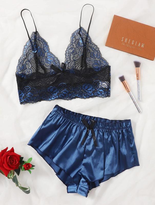 Classic Sexy Floral Lace Bra With Satin Shorts, Lingerie