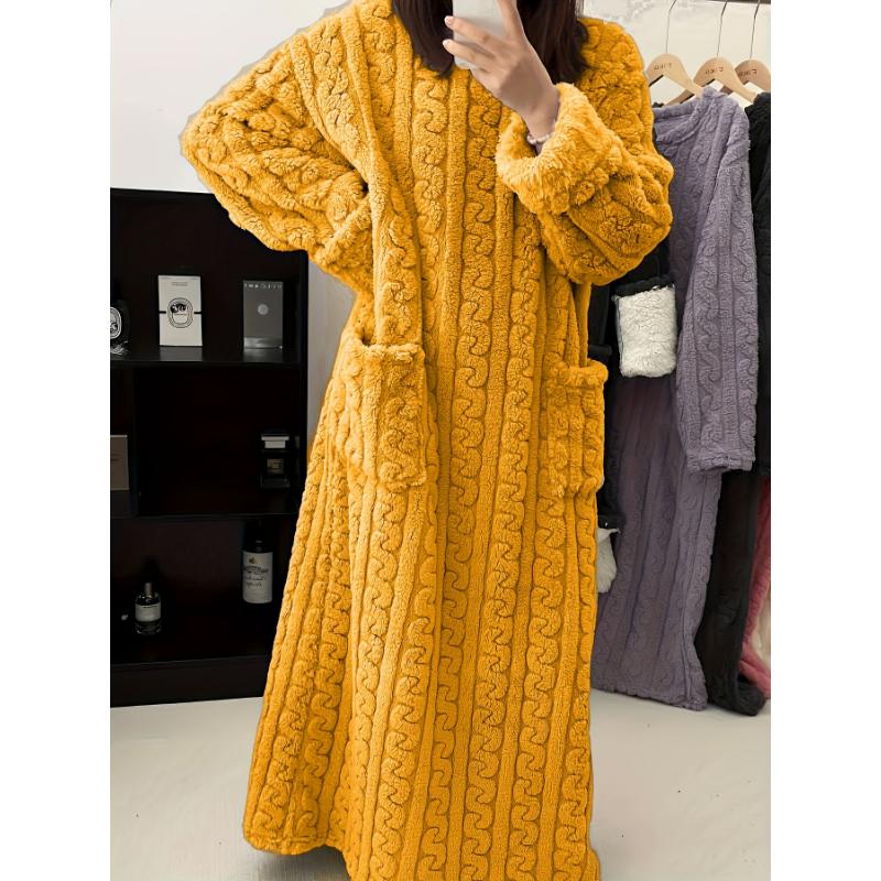 Cozy Long Sleeve Flannel Robe - Women's Warm Loungewear & Dresses for Fall Winter - Soft, Textured, Round Neck, Casual Style