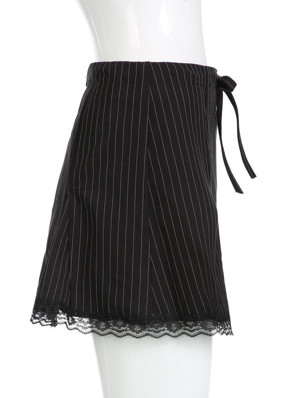 Women's Striped Print Contrast Lace Mini Skirt, Y2k Bow Decor A Line Skirt for Summer, Women's Bottoms for Daily Wear