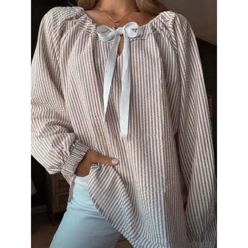 2024 Hot Sale Popular Women's Autumn and Winter Clothing Shirt Chiffon Shirt Casual Striped Lace-up Top