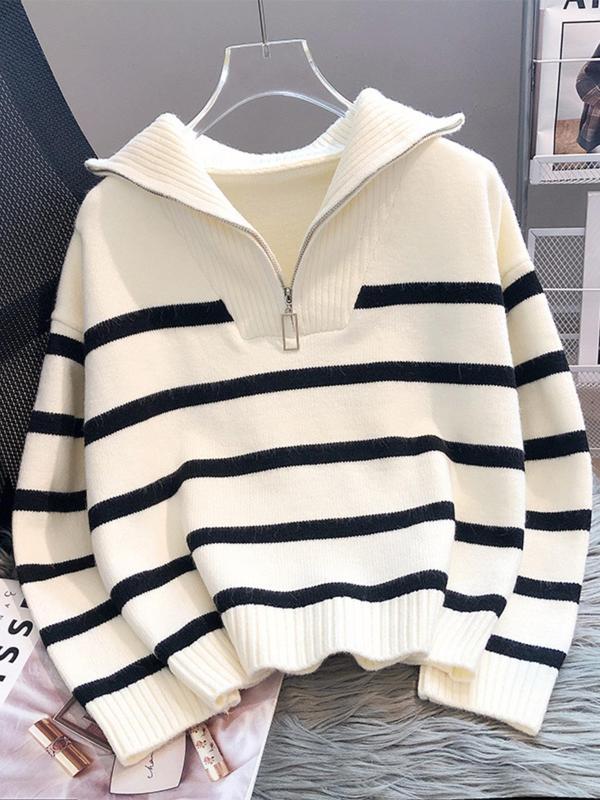 Womenswear Striped Print Half Zip Drop Shoulder Sweater, Comfort Long Sleeve Polo Neck Jumper for Fall & Winter, Fashion Ladies' Knitwear for Daily Wear, Fall Clothes 2024