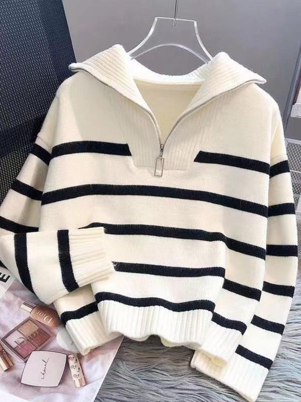 Womenswear Striped Print Half Zip Drop Shoulder Sweater, Comfort Long Sleeve Polo Neck Jumper for Fall & Winter, Fashion Ladies' Knitwear for Daily Wear, Fall Clothes 2024